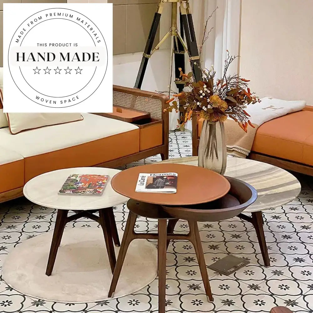 Nordic Round Barenia Leather and Solid Wood Sofa Side Table