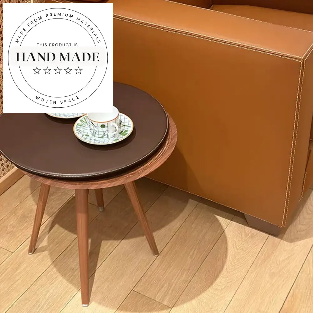 Nordic Round Barenia Leather and Solid Wood Sofa Side Table