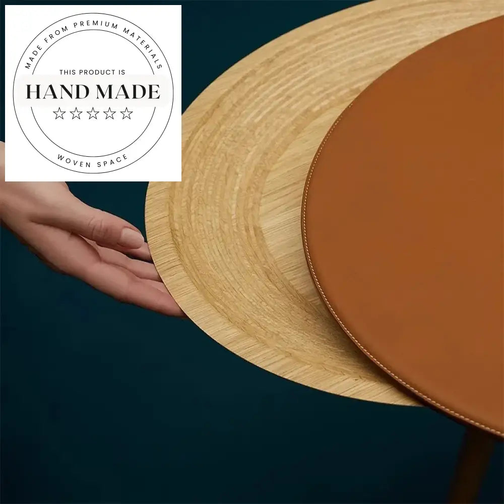 Nordic Round Barenia Leather and Solid Wood Sofa Side Table