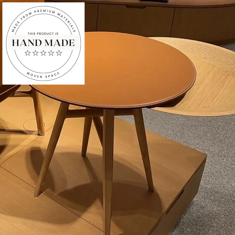 Nordic Round Barenia Leather and Solid Wood Sofa Side Table