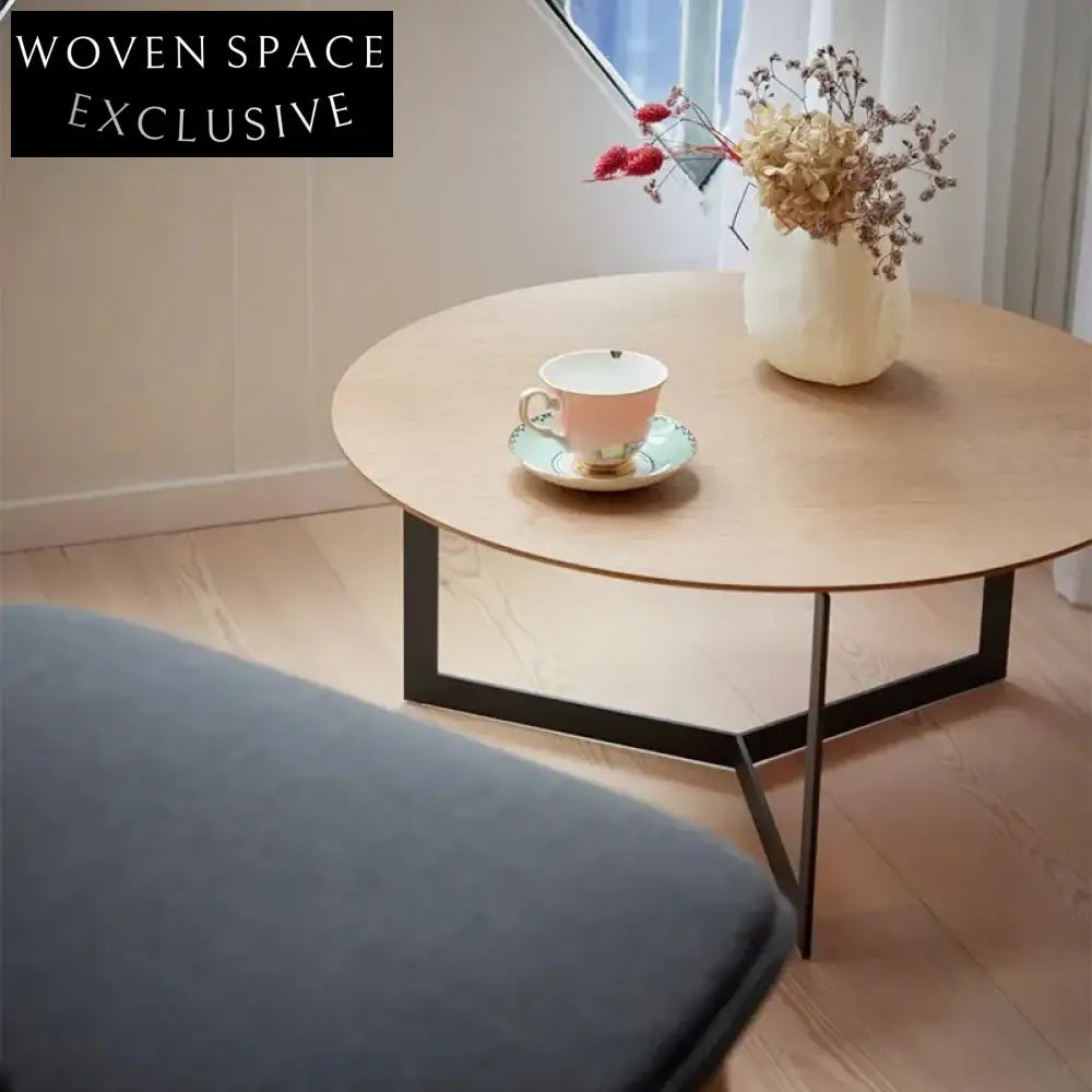 Nordic Round Solid Wood Top Coffee Table with Modern Metal Base