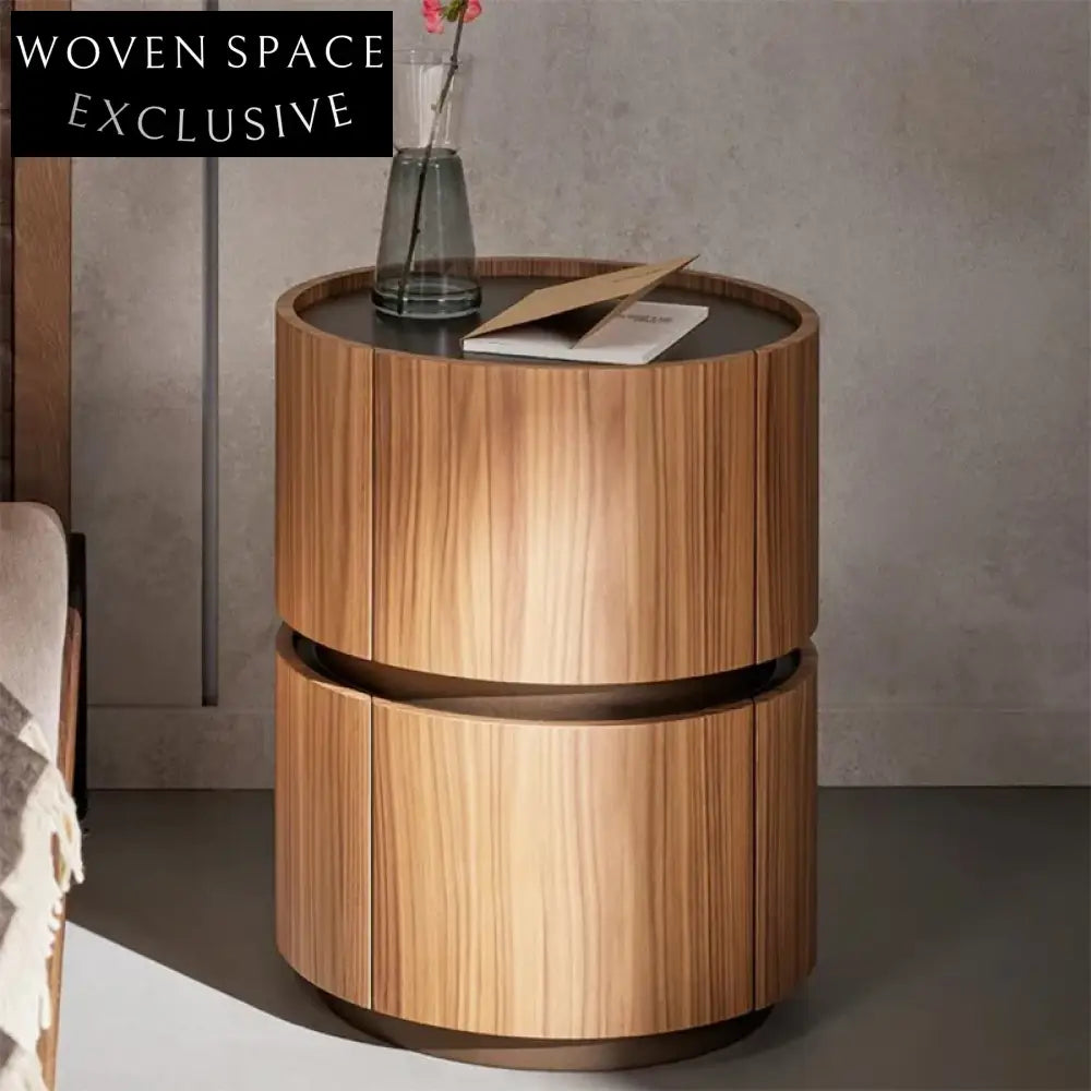 Nordic Solid Ash Wood Round Nightstand with Two Storage Drawers for Bedroom
