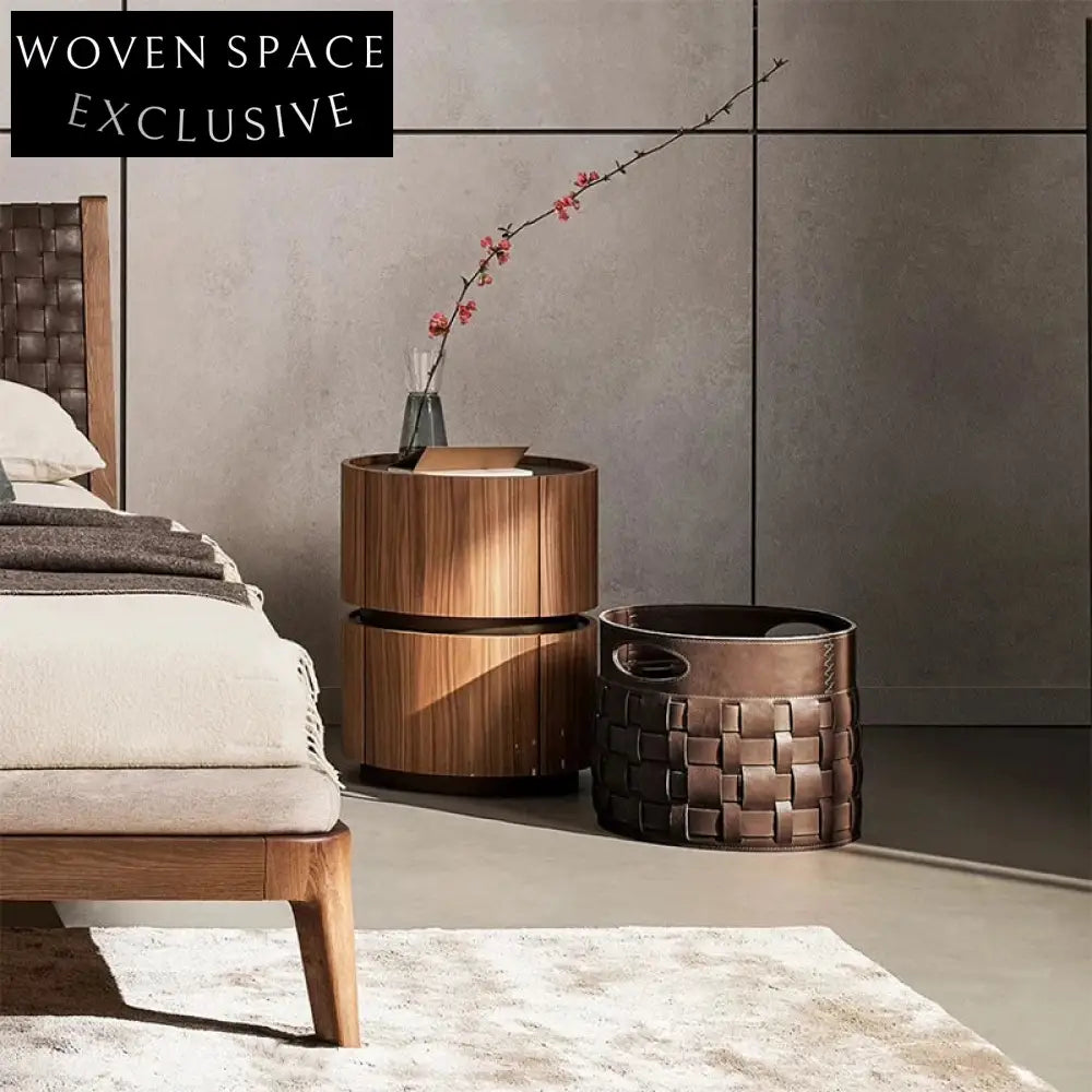 Nordic Solid Ash Wood Round Nightstand with Two Storage Drawers for Bedroom