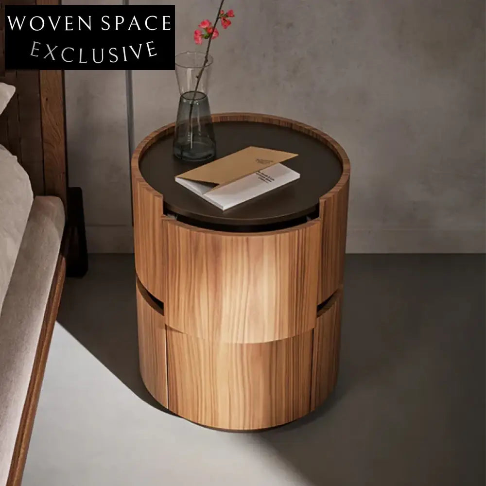 Nordic Solid Ash Wood Round Nightstand with Two Storage Drawers for Bedroom