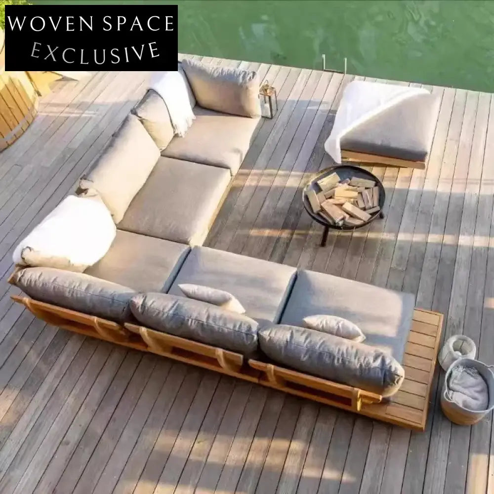 Nordic Solid Teak Wood Outdoor Sofa Chair Waterproof Cushions Garden Seating