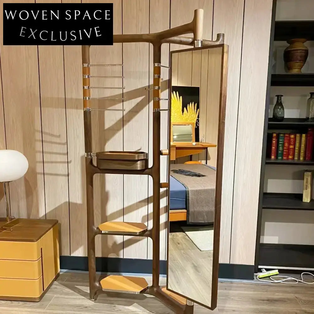 Nordic Solid Walnut Wood Floor Stand Coat Rack with Mirror and Leather Accents