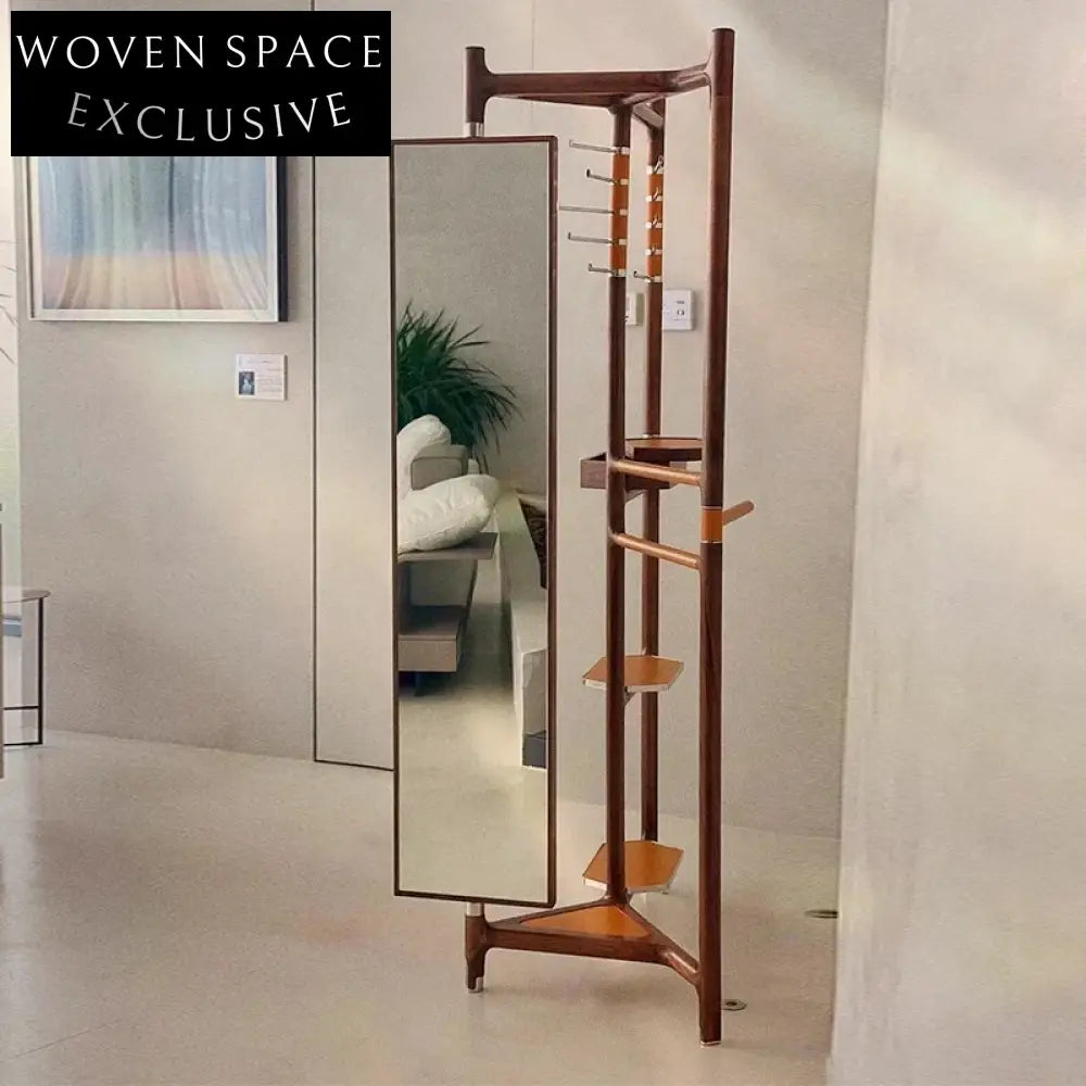 Nordic Solid Walnut Wood Floor Stand Coat Rack with Mirror and Leather Accents