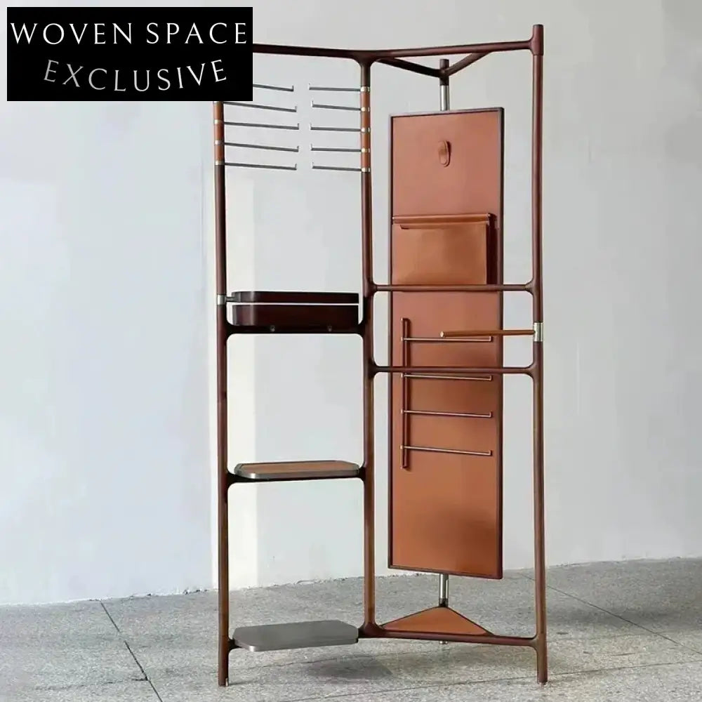 Nordic Solid Walnut Wood Floor Stand Coat Rack with Mirror and Leather Accents