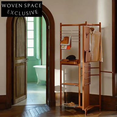 Nordic Solid Walnut Wood Floor Stand Coat Rack with Mirror and Leather Accents