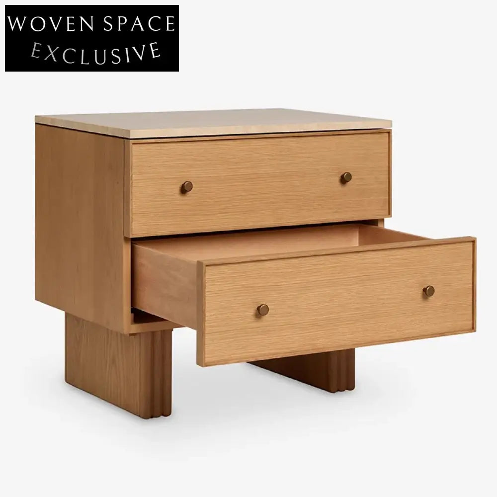 Nordic Solid Wood 2-Drawer Nightstand, Marble Top Bedside Table for Small Spaces