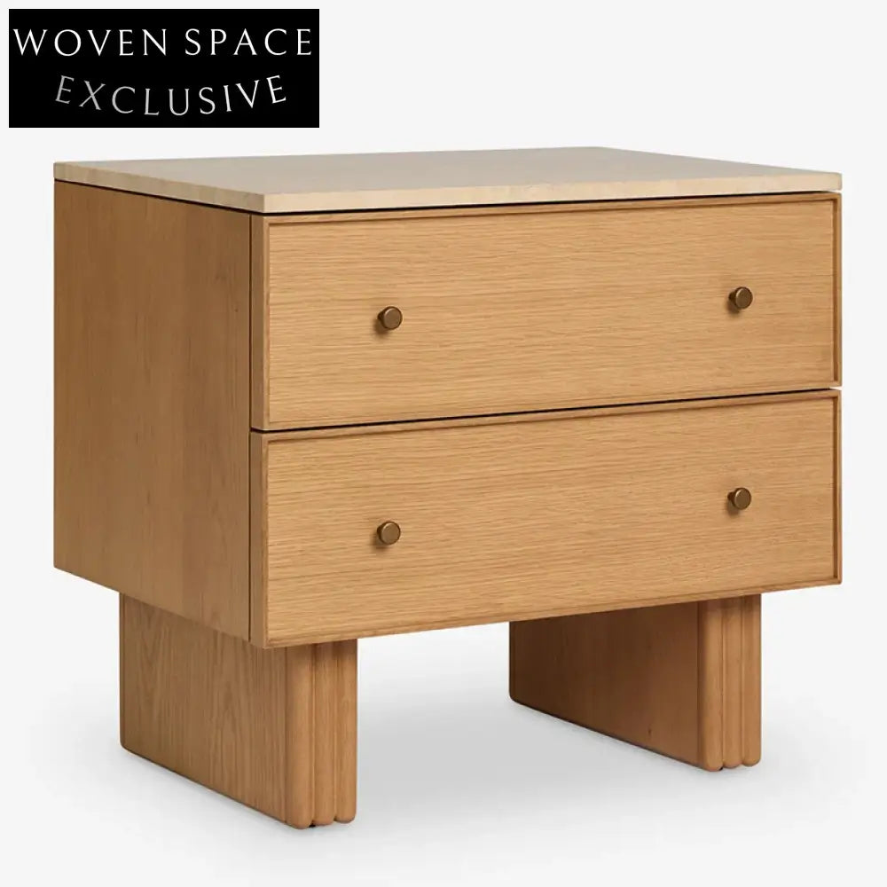 Nordic Solid Wood 2-Drawer Nightstand, Marble Top Bedside Table for Small Spaces