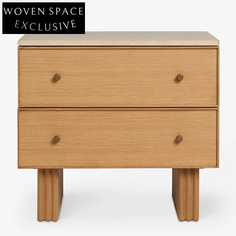 Nordic Solid Wood 2-Drawer Nightstand, Marble Top Bedside Table for Small Spaces