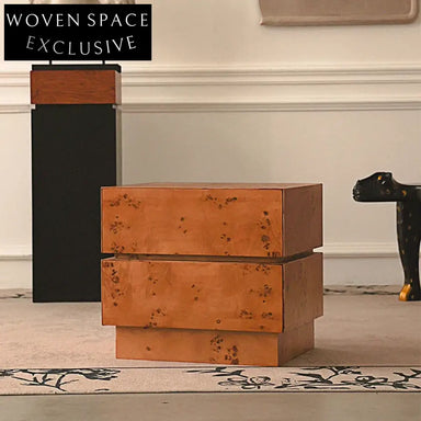 Nordic Solid Wood Burl Veneer Minimalist Square Bedroom Bedside Table