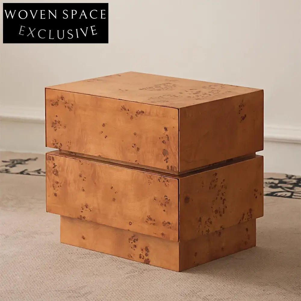 Nordic Solid Wood Burl Veneer Nightstand, Minimalist Square Bedside Table