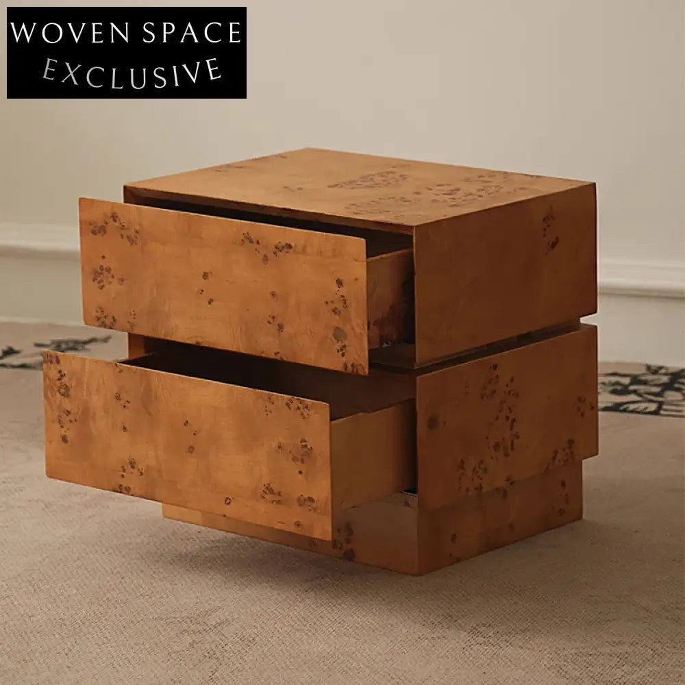 Nordic Solid Wood Burl Veneer Nightstand, Minimalist Square Bedside Table