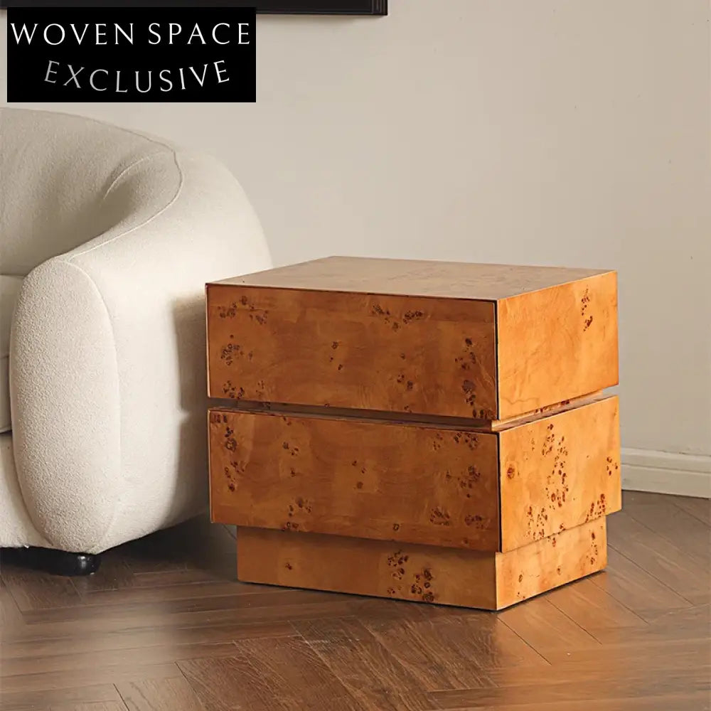 Nordic Solid Wood Burl Veneer Nightstand, Minimalist Square Bedside Table
