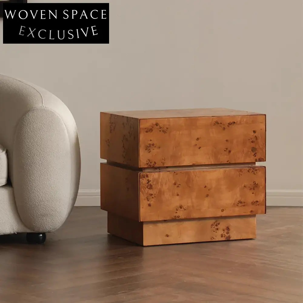 Nordic Solid Wood Burl Veneer Nightstand, Minimalist Square Bedside Table