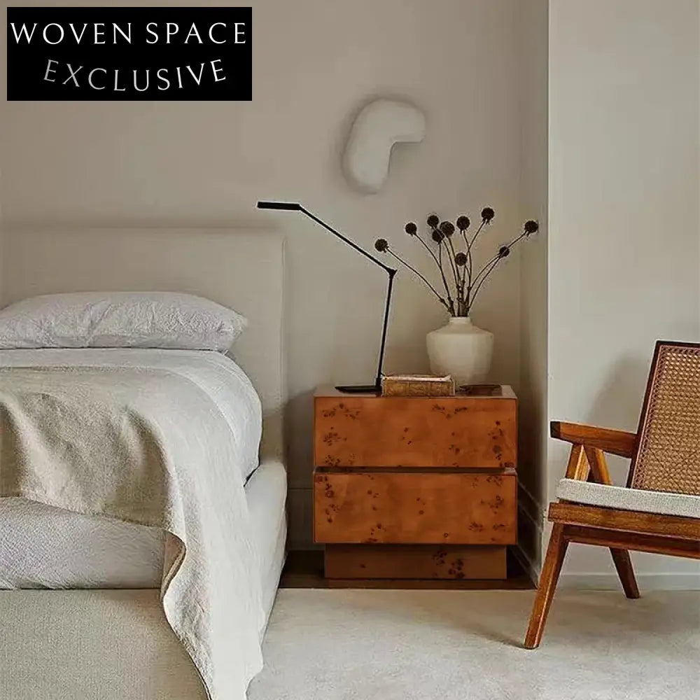 Nordic Solid Wood Burl Veneer Nightstand, Minimalist Square Bedside Table