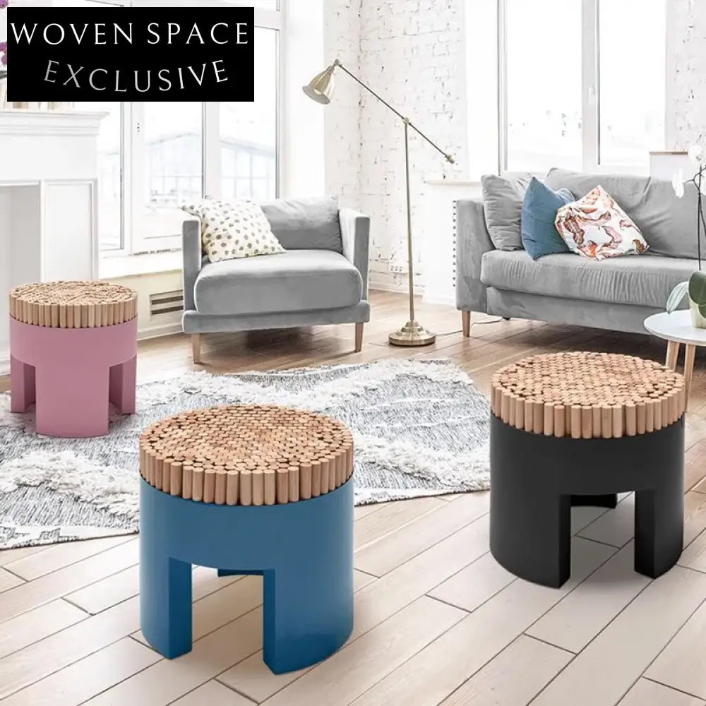 Nordic Solid Wood Round Ottoman Stool: Boucle Fabric, Modern Home Accent