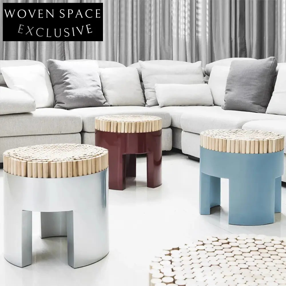 Nordic Solid Wood Round Ottoman Stool: Boucle Fabric, Modern Home Accent