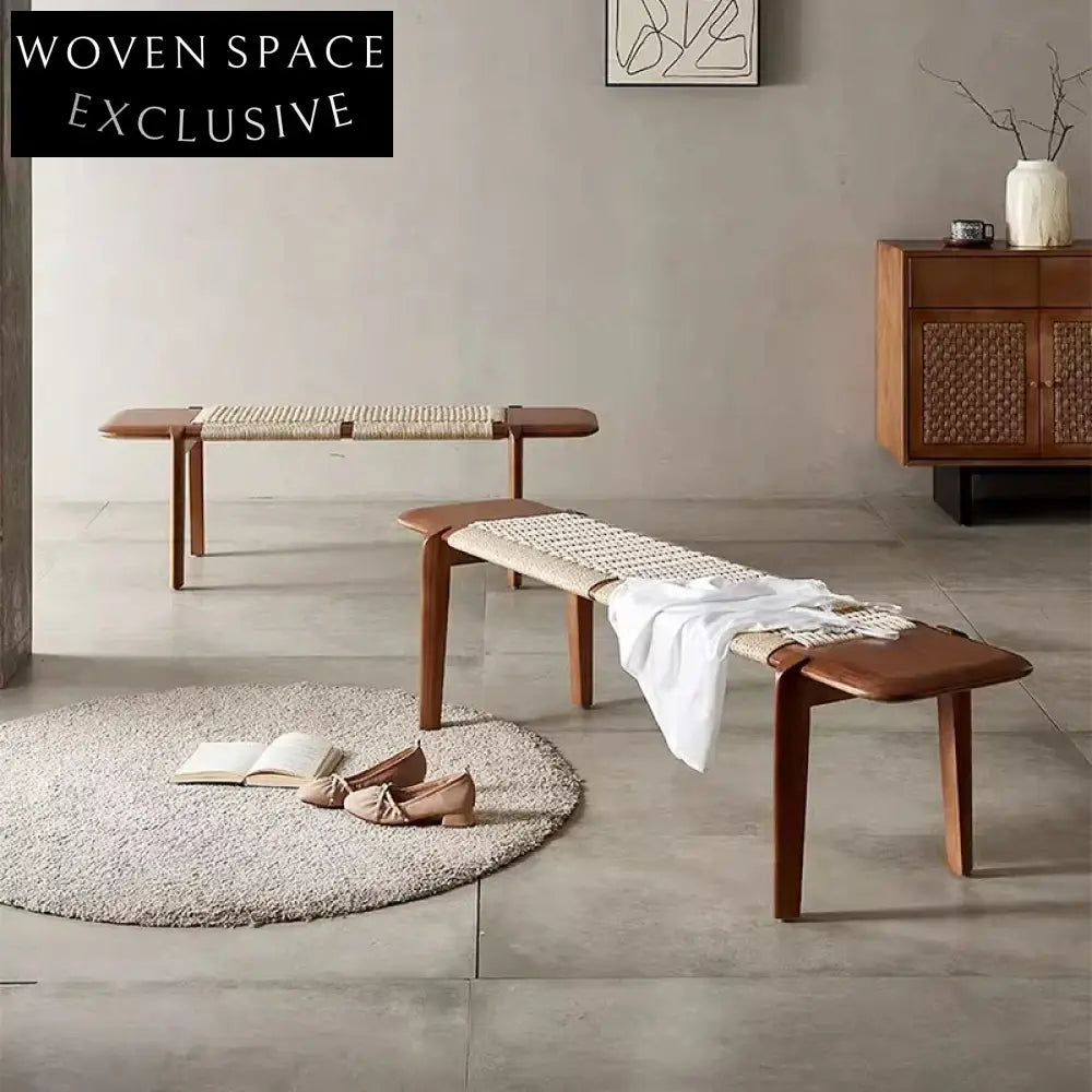 Nordic Solid Wood Woven Rope Bench Stool for Bedroom, Minimalist Ottoman
