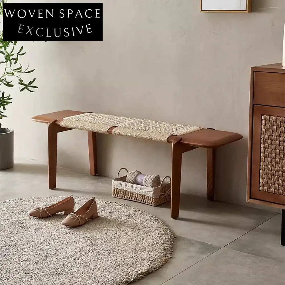 Nordic Solid Wood Woven Rope Bench Stool for Bedroom, Minimalist Ottoman