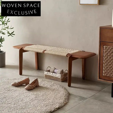 Nordic Solid Wood Woven Rope Bench Stool for Bedroom, Minimalist Ottoman
