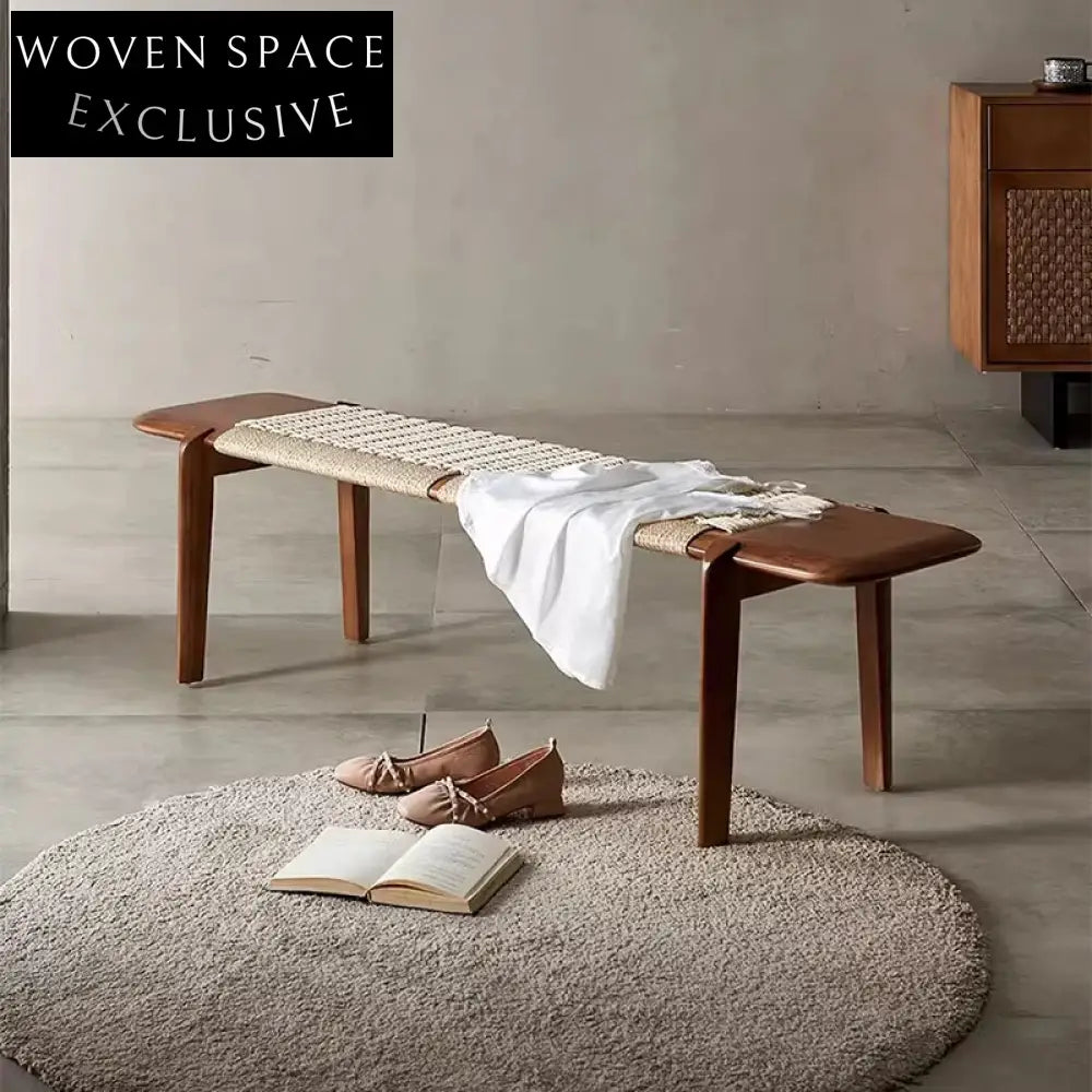 Nordic Solid Wood Woven Rope Bench Stool for Bedroom, Minimalist Ottoman