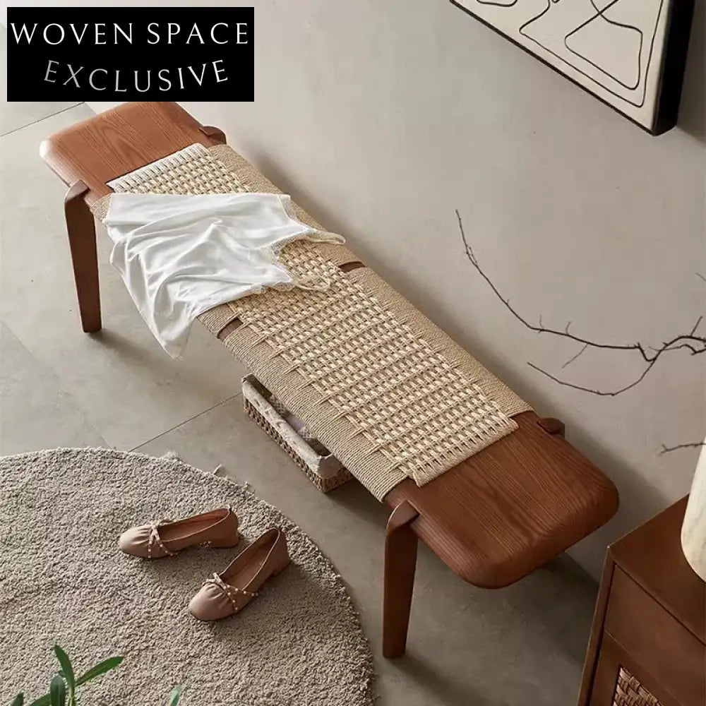 Nordic Solid Wood Woven Rope Bench Stool for Bedroom, Minimalist Ottoman