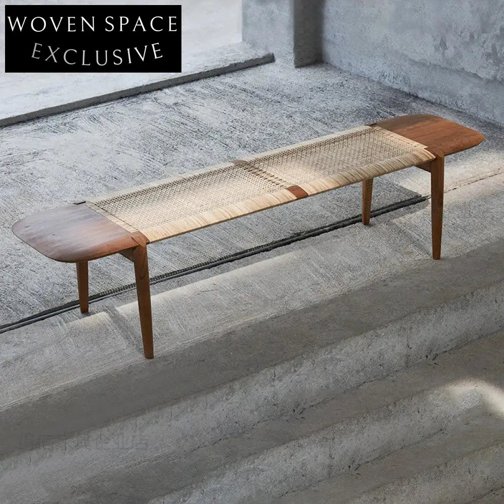 Nordic Solid Wood Woven Rope Bench Stool for Bedroom, Minimalist Ottoman