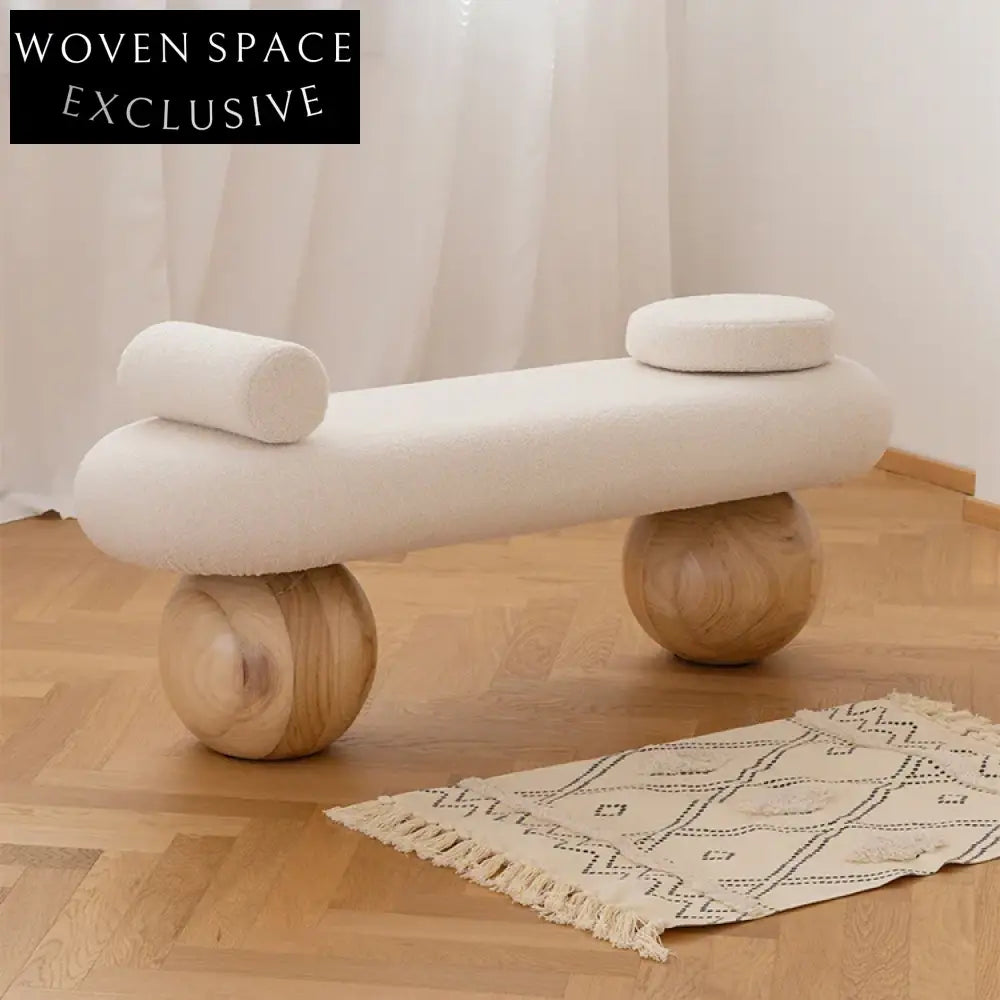 Nordic Style Solid Wood Teddy Fabric Upholstered Entryway Bench Ottoman Seating