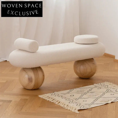 Nordic Style Solid Wood Teddy Fabric Upholstered Entryway Bench Ottoman Seating