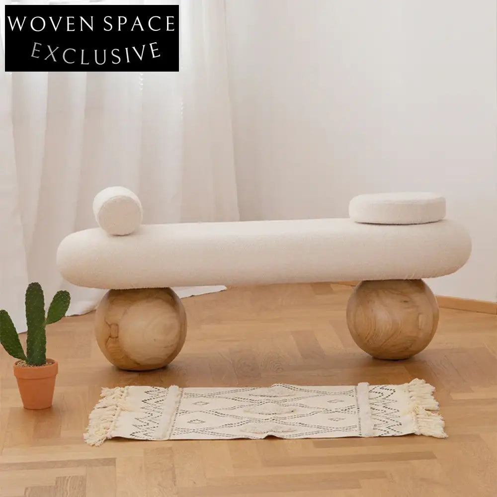 Nordic Style Solid Wood Teddy Fabric Upholstered Entryway Bench Ottoman Seating