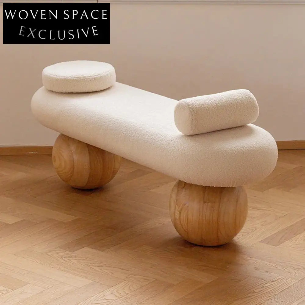 Nordic Style Solid Wood Teddy Fabric Upholstered Entryway Bench Ottoman Seating