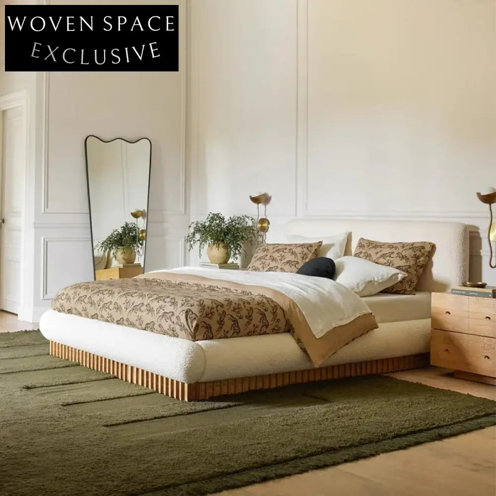 Nordic Style Wooden Platform Bed with Fabric Upholstery, King Queen Size