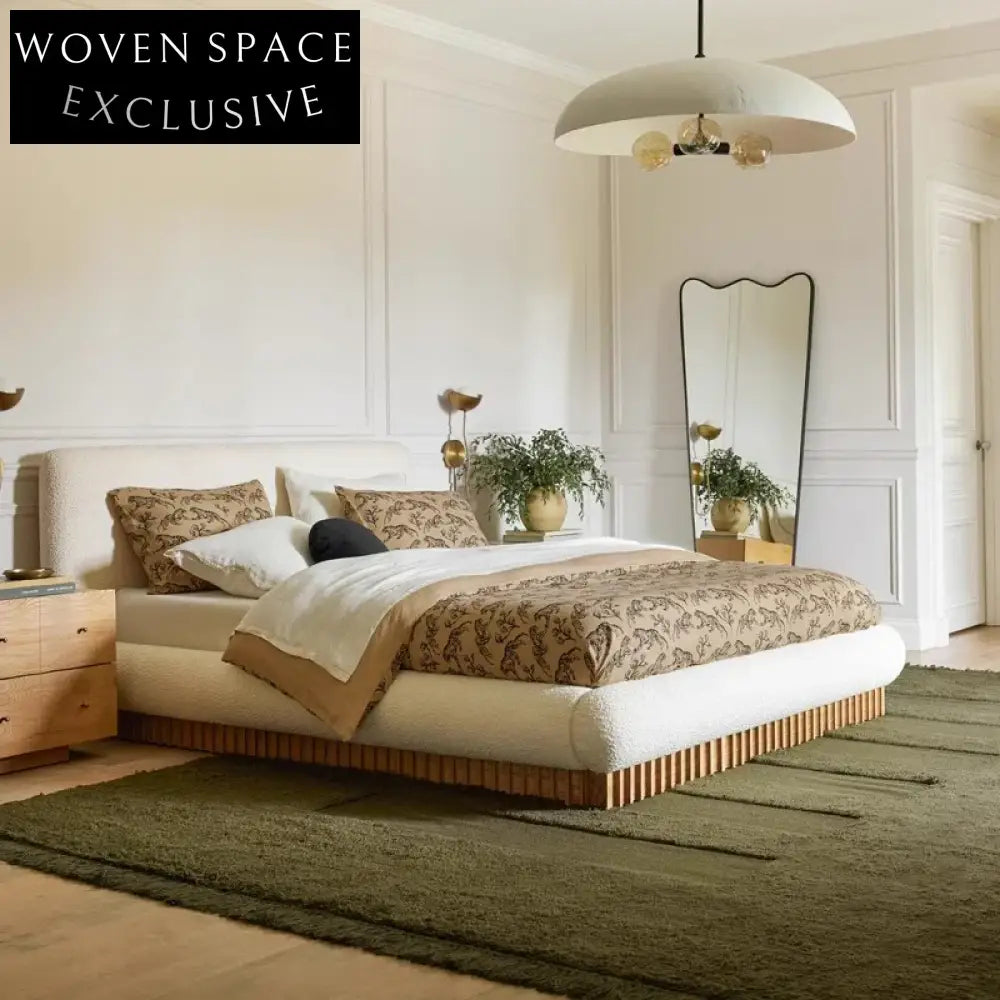 Nordic Style Wooden Platform Bed with Fabric Upholstery, King Queen Size