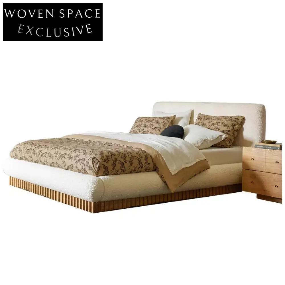 Nordic Style Wooden Platform Bed with Fabric Upholstery, King Queen Size