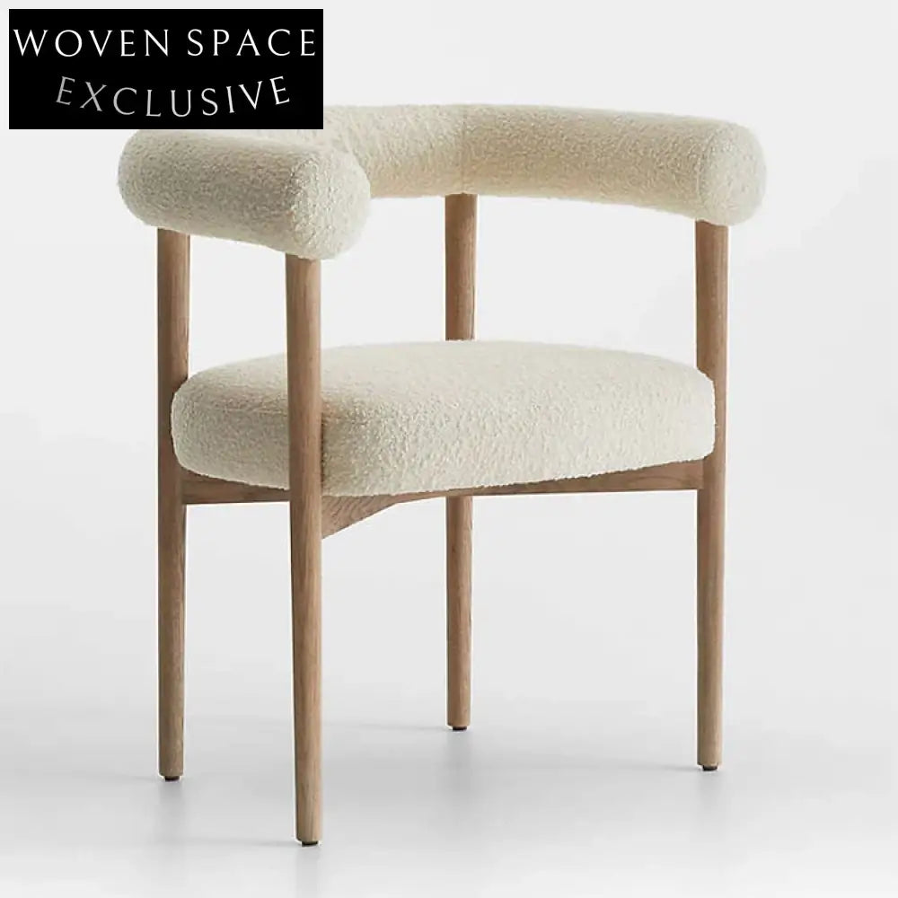 Nordic Teddy Fabric Arm Dining Chair, Soft Round Sponge Seat, Solid Wood Frame