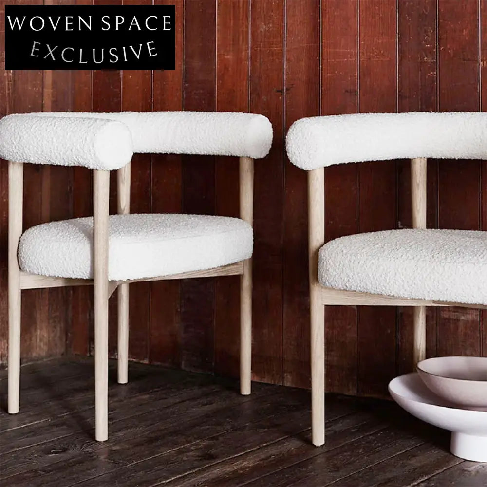 Nordic Teddy Fabric Arm Dining Chair, Soft Round Sponge Seat, Solid Wood Frame