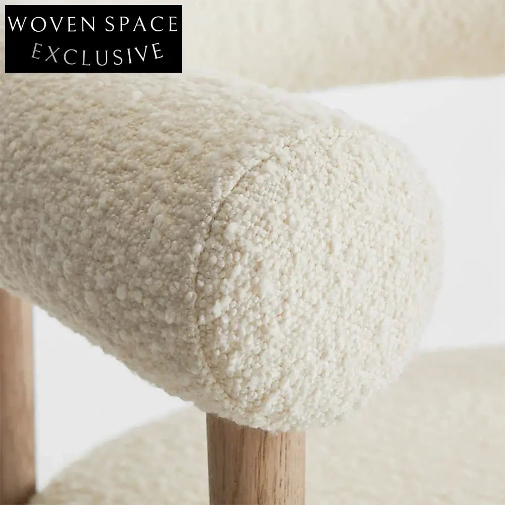 Nordic Teddy Fabric Arm Dining Chair, Soft Round Sponge Seat, Solid Wood Frame