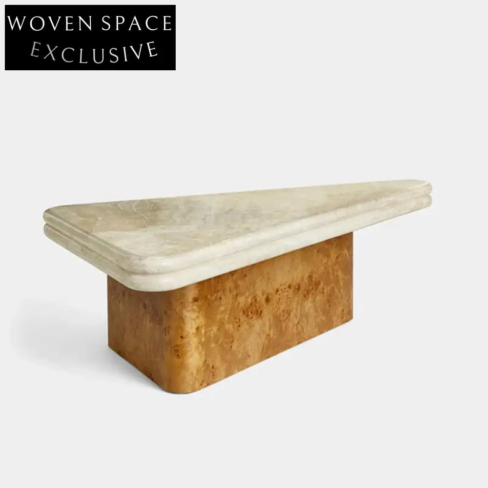 Nordic Triangle Travertine Marble Top Solid Wood Base Coffee Table