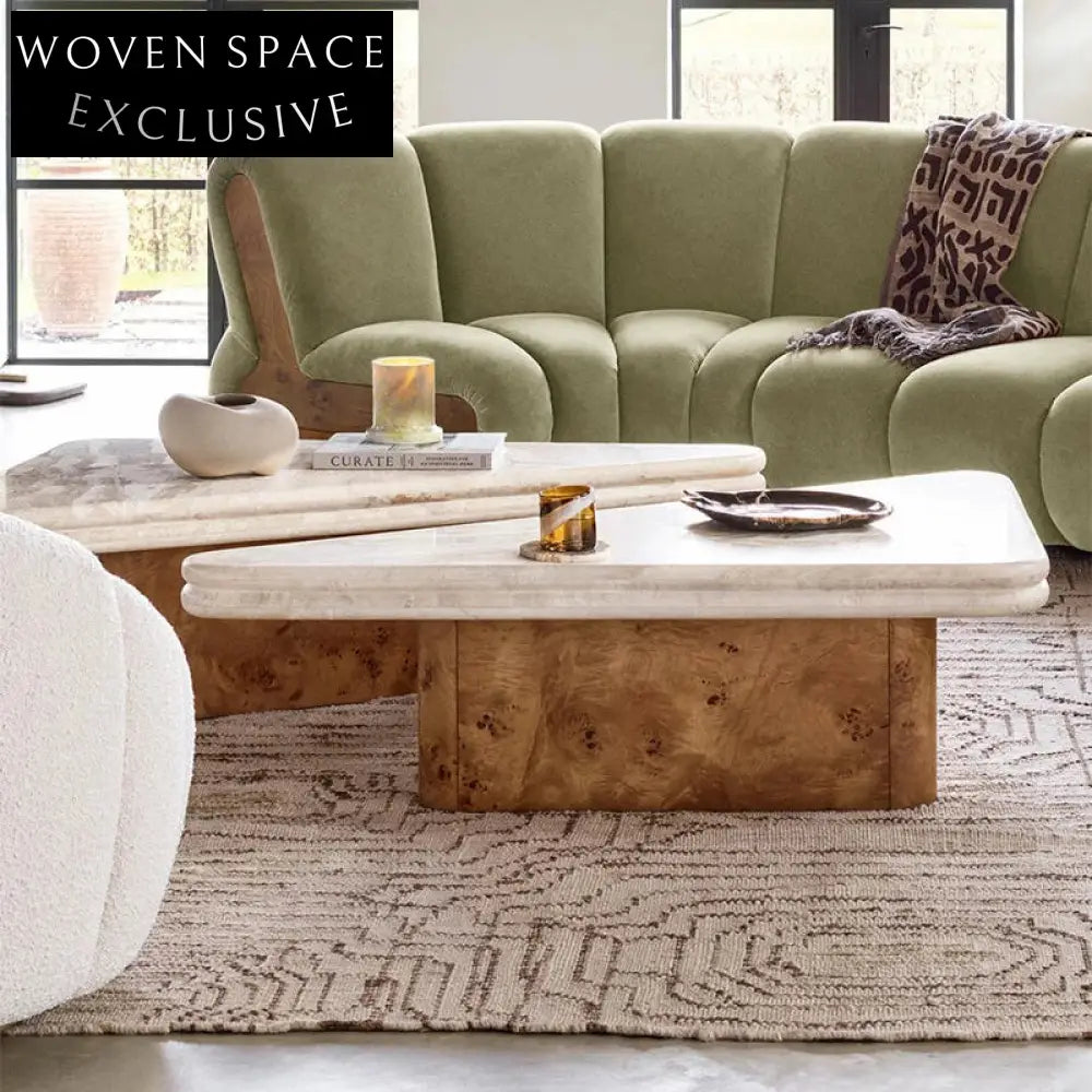 Nordic Triangle Travertine Marble Top Solid Wood Base Coffee Table