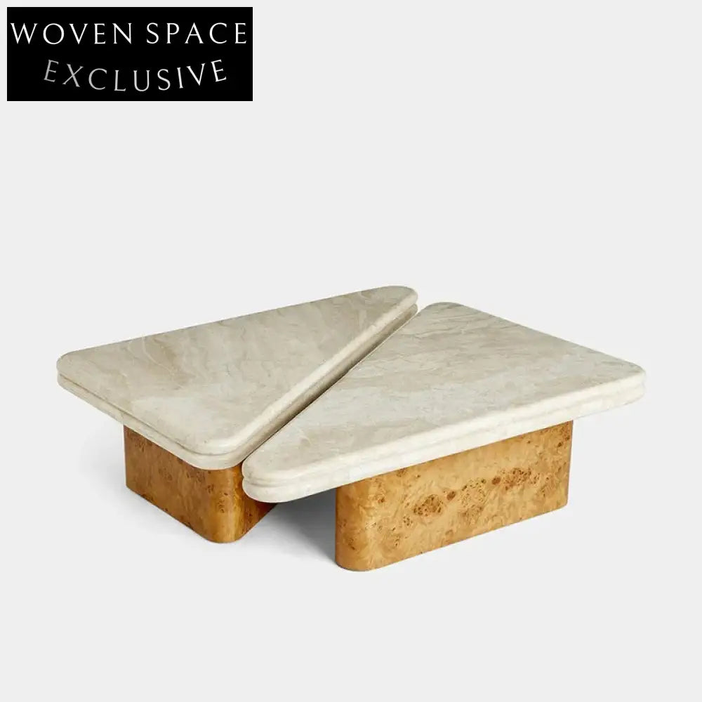 Nordic Triangle Travertine Marble Top Solid Wood Base Coffee Table