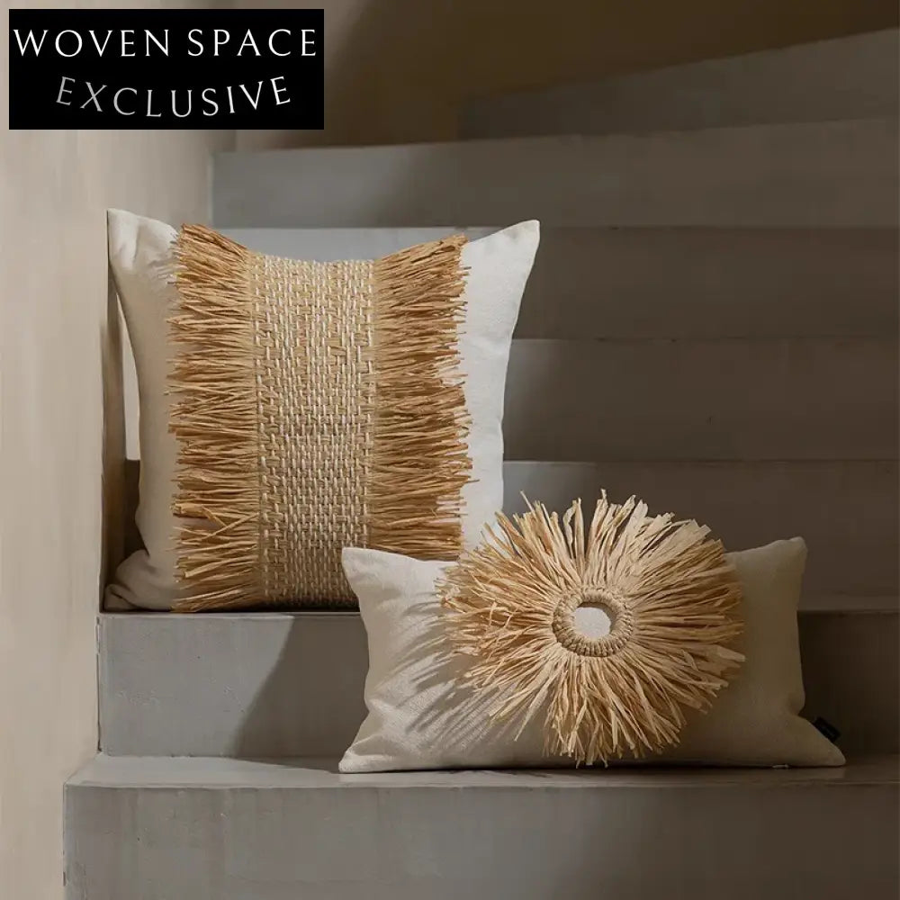 Nordic Wabi-sabi Style Handmade Straw Sunflower Velvet Decorative Home Cushion