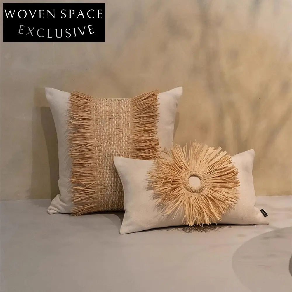 Nordic Wabi-sabi Style Handmade Straw Sunflower Velvet Decorative Home Cushion