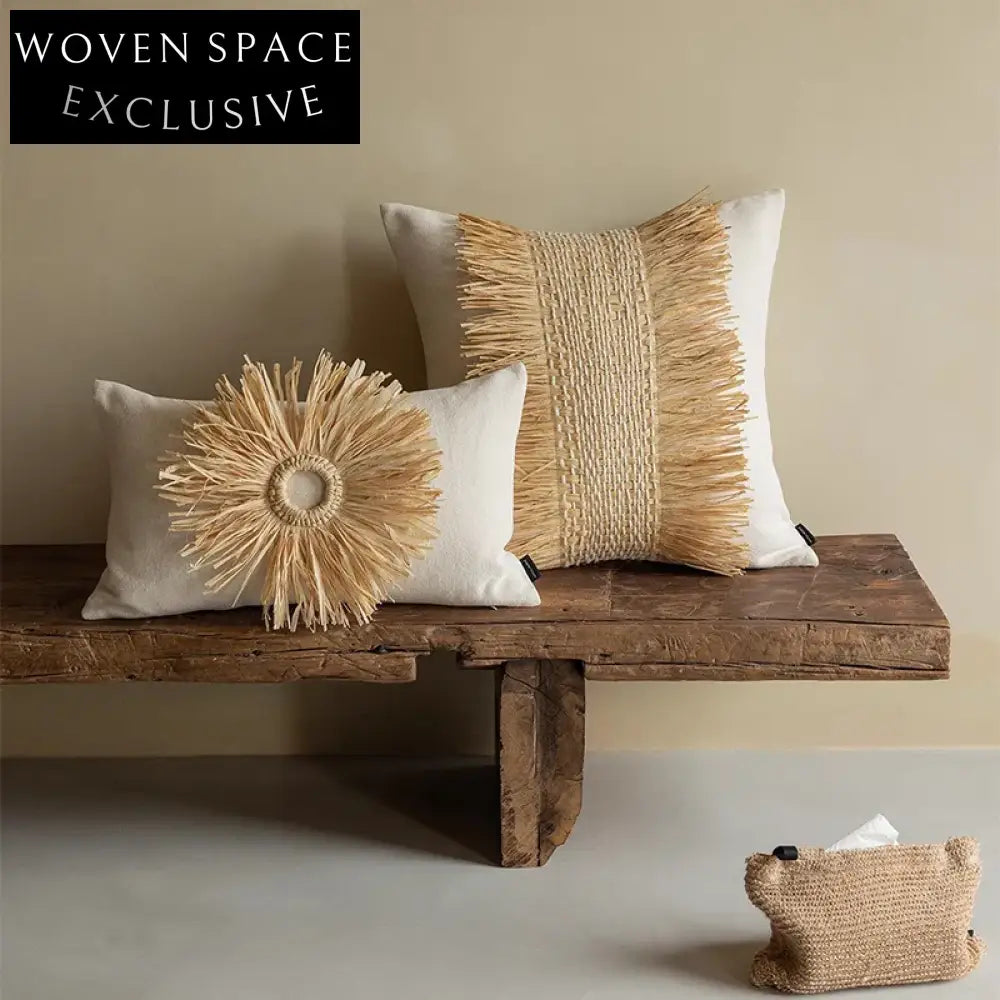 Nordic Wabi-sabi Style Handmade Straw Sunflower Velvet Decorative Home Cushion