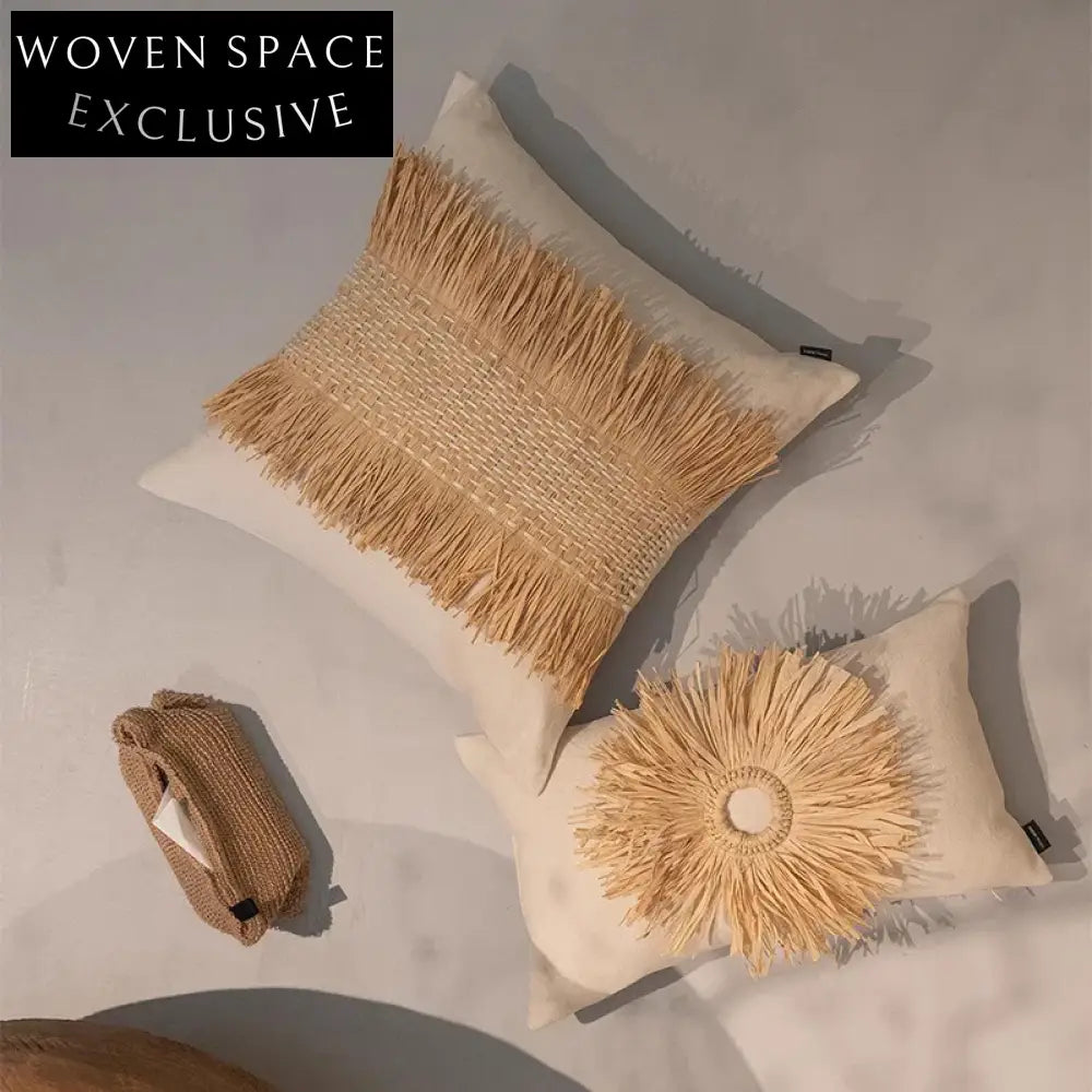 Nordic Wabi-sabi Style Handmade Straw Sunflower Velvet Decorative Home Cushion