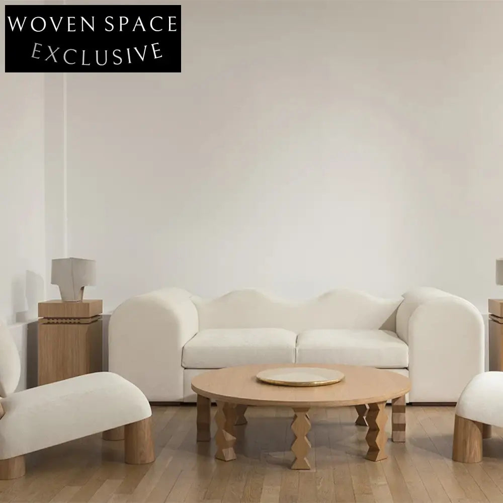 Nordic Wavy Backrest Solid Wood Two-Seater White Fabric Living Room Sofa