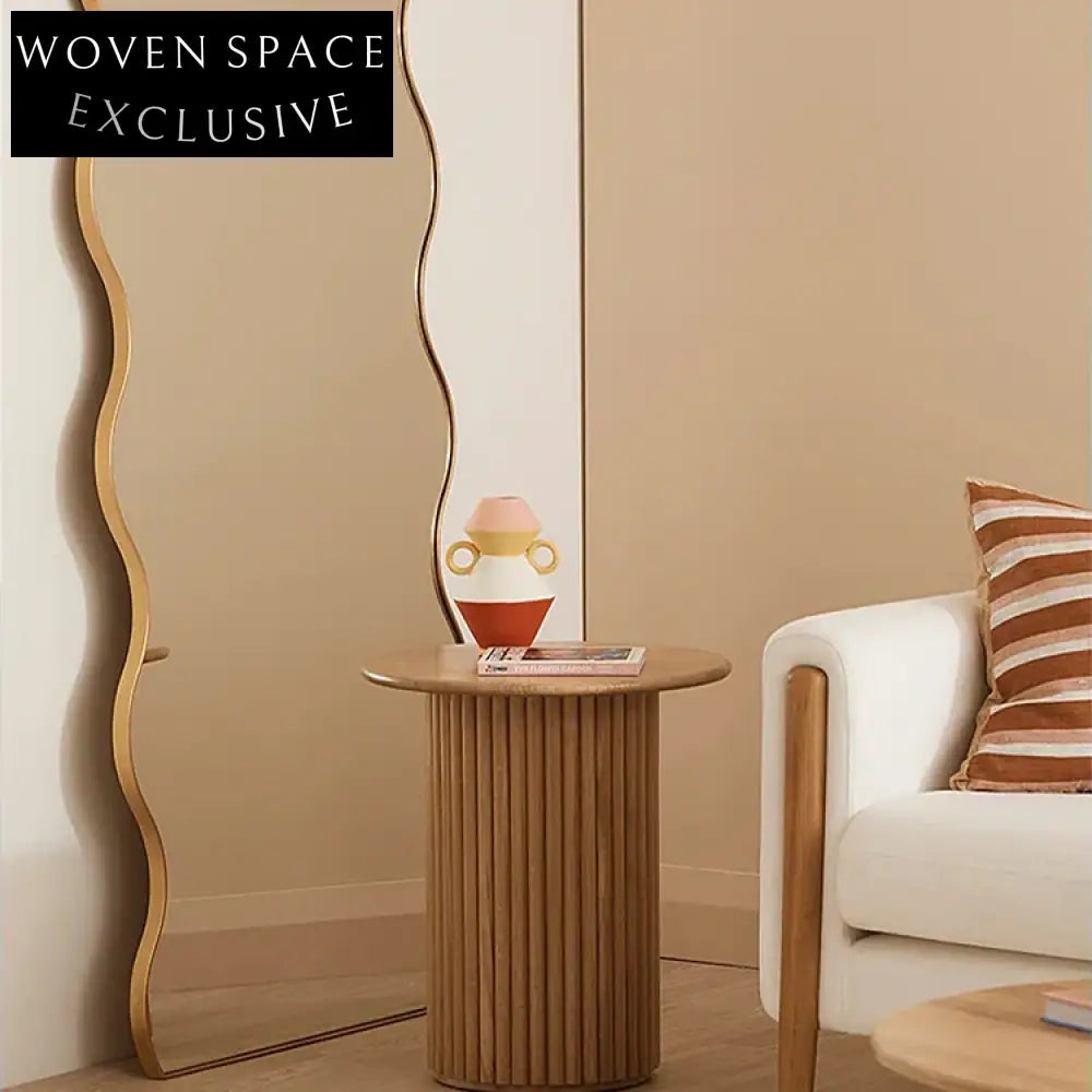 Nordic Wavy Decorative Mirror with Wood Base for Living Room Mirror