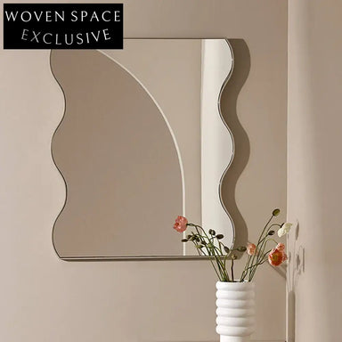 Nordic Wavy Decorative Mirror with Wood Base for Living Room Mirror